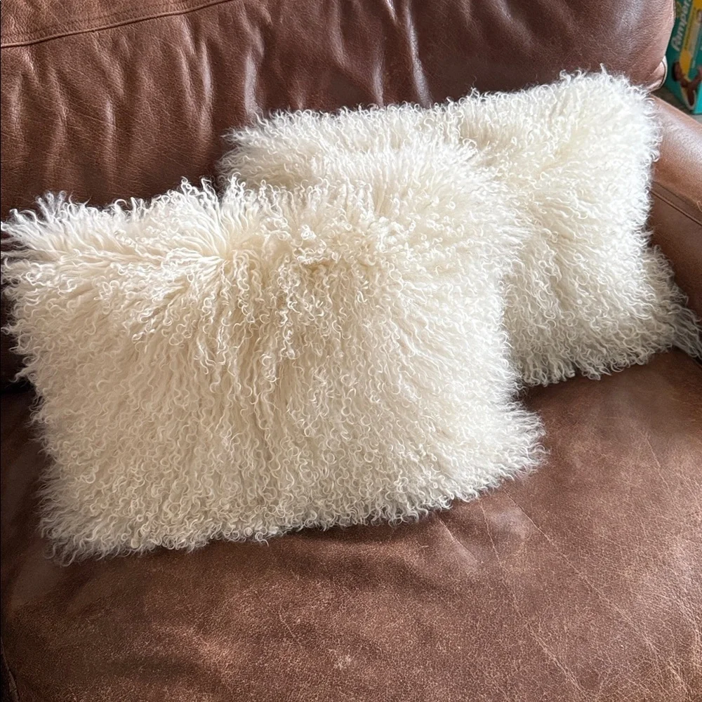 2 Mongolian lamb (Tibetan lamb) fur pillows with down filled inserts